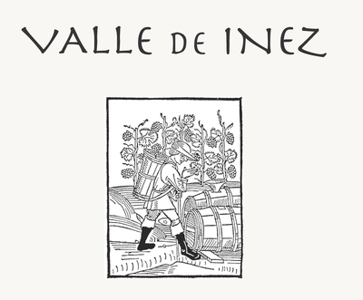 Wine Label graphic reading 'Valle de Inez' over a sketch of someone picking grapes