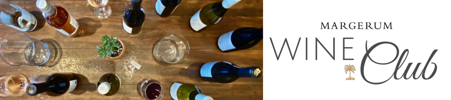 "Margerum Wine Club" next to photos of wine bottles and glasses on wood table
