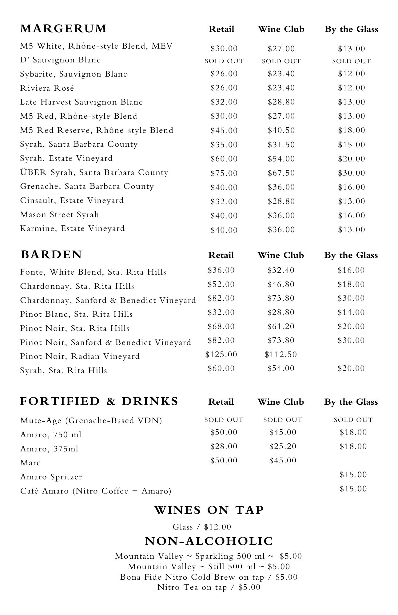  the wine menu at Margerum Wine